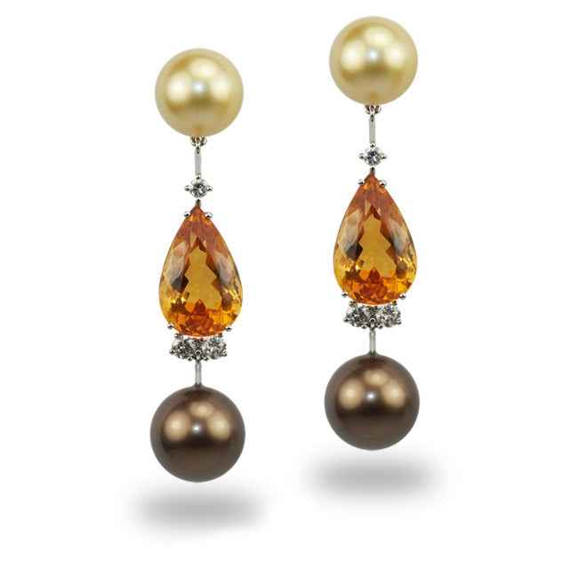 Pendientes en oro blanco con diamantes, perlas y citrinos.