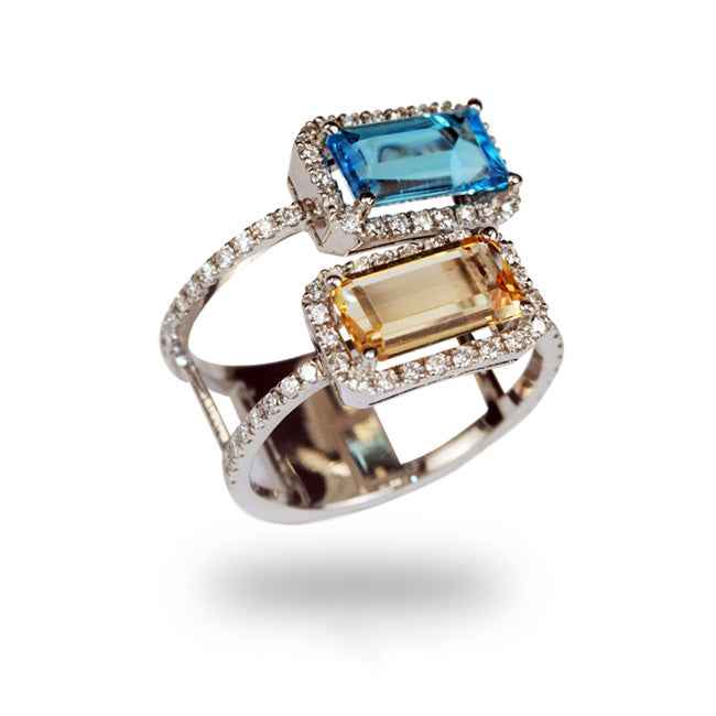 Anillo en oro blanco con diamantes, topacio azul y amarillo