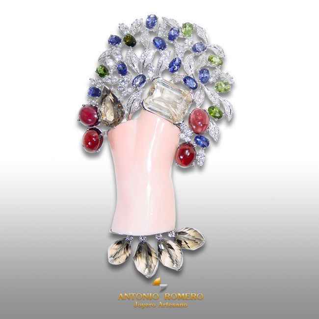 Broche Oro Blanco Árbol con Brillantes, Coral Piel de Ángel y Piedras Semipreciosas