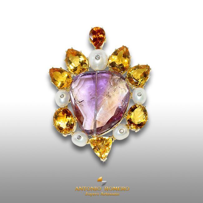 Herzbrosche mit Diamanten, Perlen, großem Ametrin und Citrinen