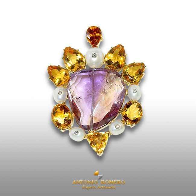 Broche corazón oro amarillo diamantes con perlas, ametrino grande y citrinos