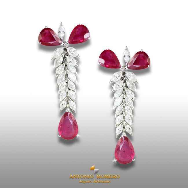 Pendientes en oro blanco con rubíes y diamantes talla marquise
