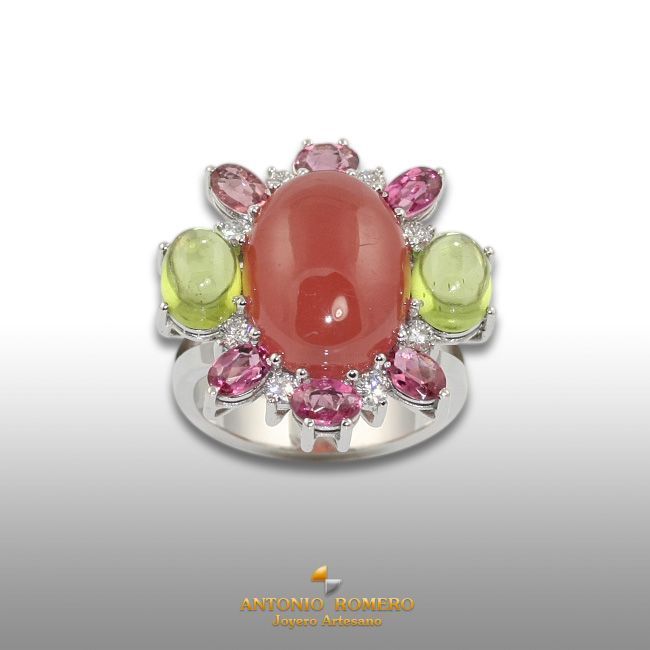 Weißgoldring Rhodochrosit, Turmaline und Peridots