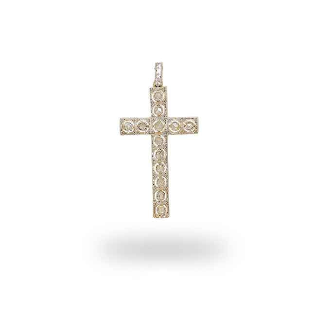 Cruz antigua en oro amarillo vista platino con diamantes antiguos