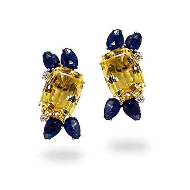 Pendientes en oro blanco con citrinos, zafiros y diamantes