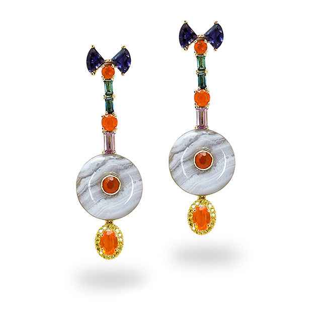 Pendientes en oro amarillo con iolitas, calcedonias, opalos, turmalinas y diamantes