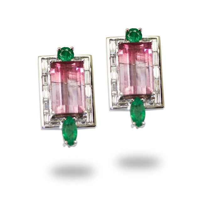 Pendientes en oro blanco con turmalina bicolor, esmeraldas y diamantes