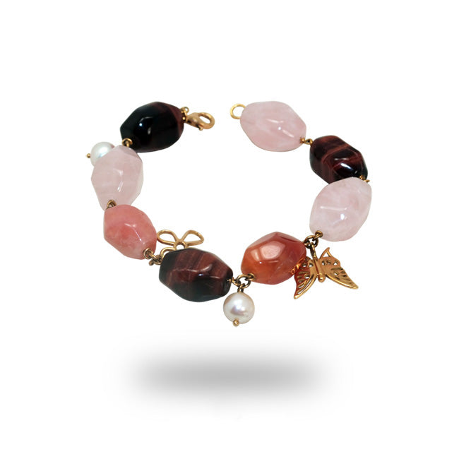 Armband aus Roségold mit Quarz, Achaten und Perlen
