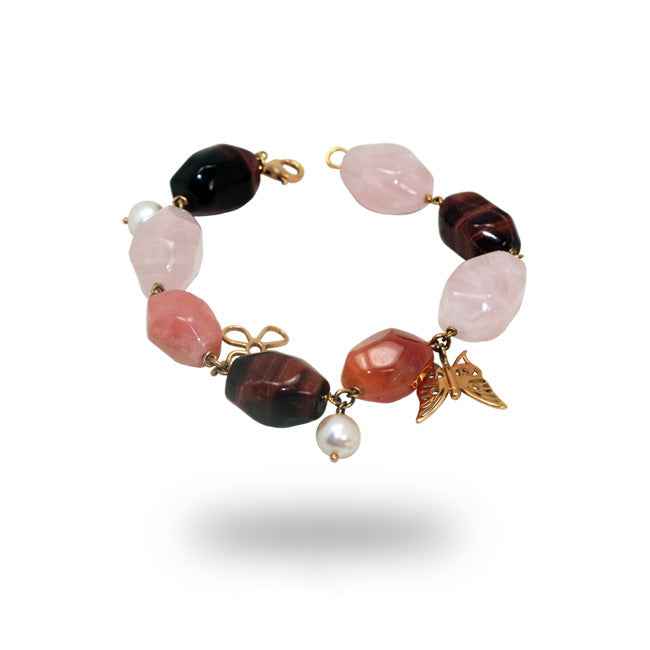 Pulsera en oro rosa con cuarzos, ágatas y perlas