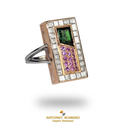 Rose and white gold ring with diamonds, pink sapphires and tourmaline