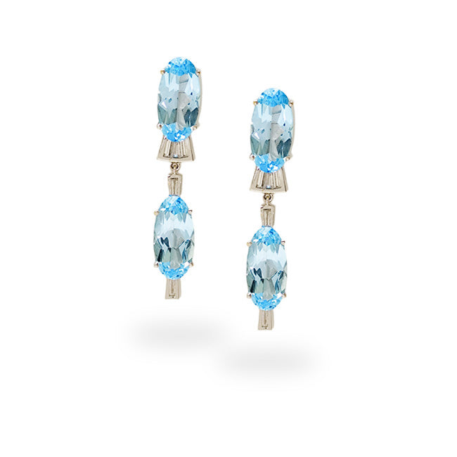 White gold earrings with blue topaz and diamonds.