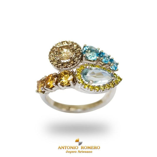 White gold ring with aquamarine, blue topaz and diamonds