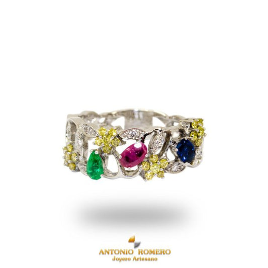 White gold ring with diamonds, ruby, emerald and sapphire